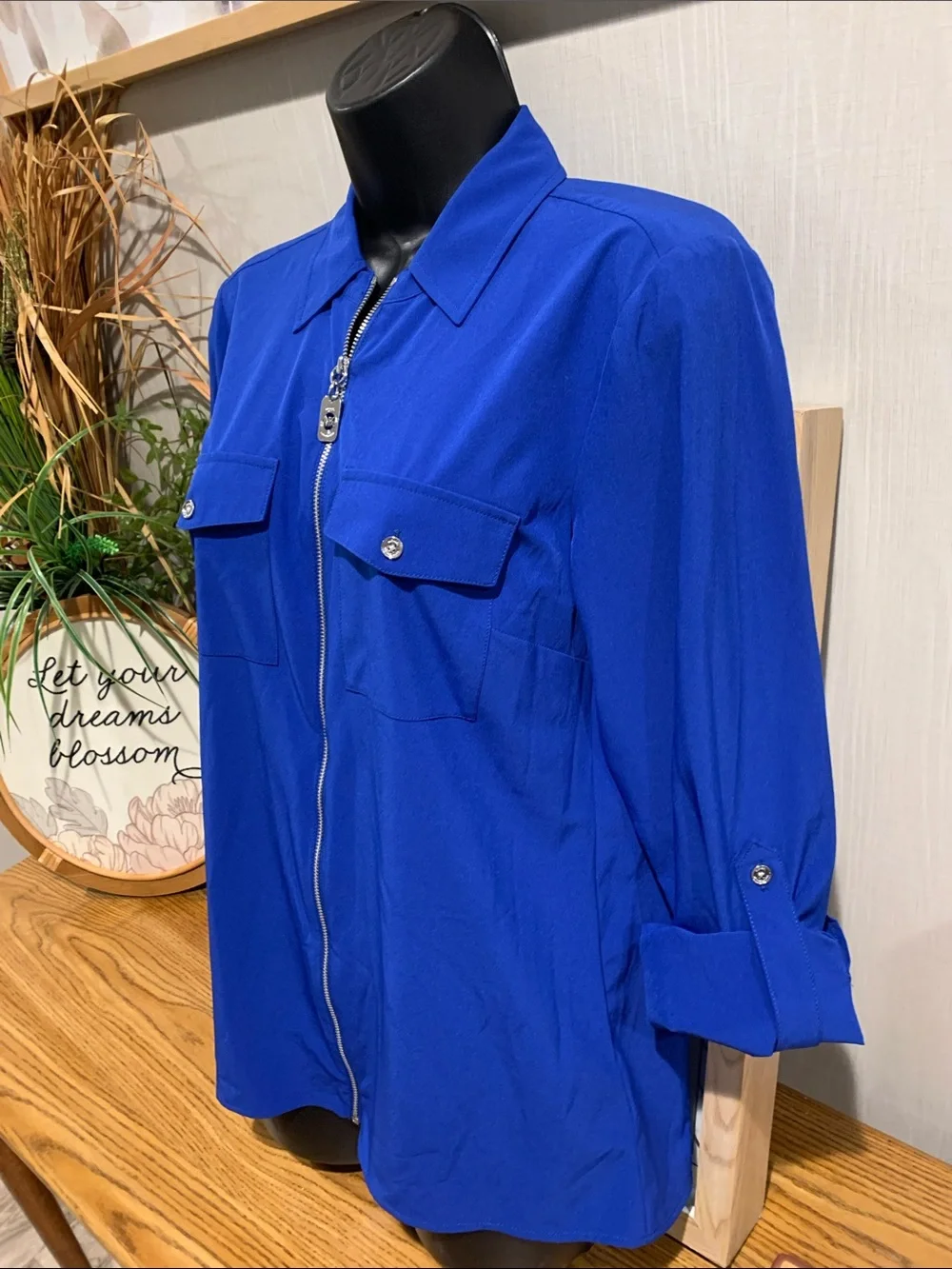 Michael Kors Royal Blue Zip-Front Button Down Shirt